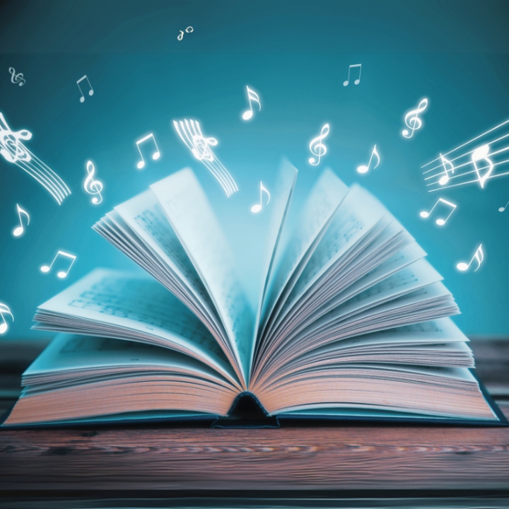 An open book, musical notes are coming out of it, illustrated